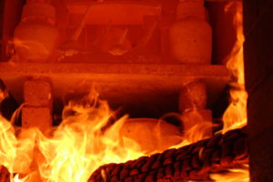 Pots being fired in the kiln
