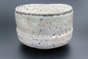 Matcha bowl, white shino, third firing in charcoal bed